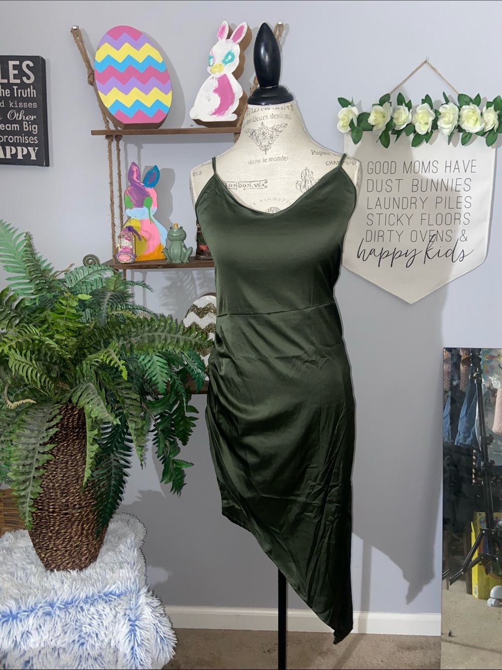 XL Olive Green Strapless Asymmetrical Slip Dress
